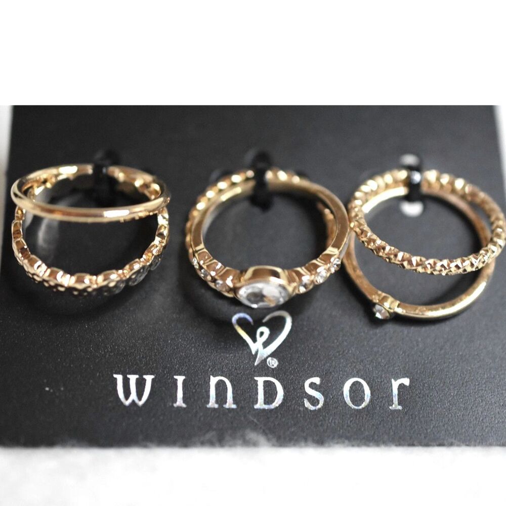 NIP Windsor Simply Glam Stackable 6 Gold Tone Crystal Accents Sizes 7 & 8 Rings